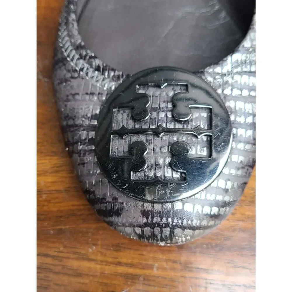 Tory Burch Reva Black Silver Snake Print Leather Ballet Flats size 8M